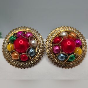 ✨2/$10✨ Multicolor Beaded Gold Tone Stud Earrings Bold Boho Colorful 1.5"